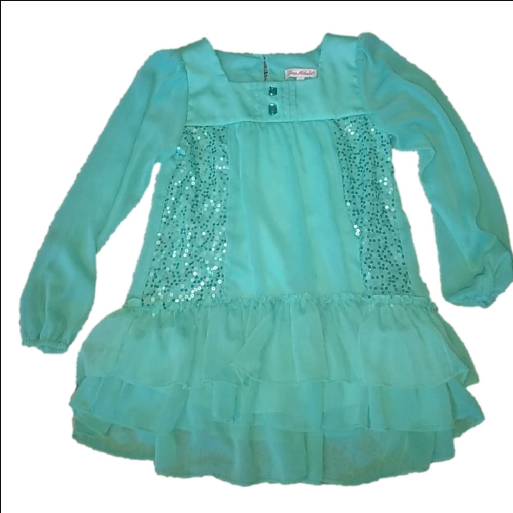 Jona Michelle Girls Teal Sequin Ruffle Long Sleeve Top Size 10 - Picture 2 of 5